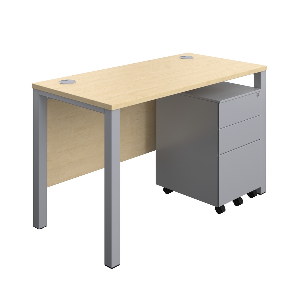 Goal Post Rectangular Desk + 3 Drawer Steel Pedestal (FSC) | 1200x600 | Maple/Silver | 