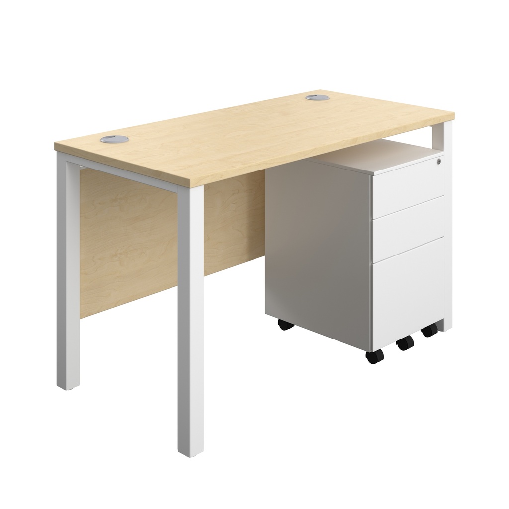 Goal Post Rectangular Desk + 3 Drawer Steel Pedestal (FSC) | 1200x600 | Maple/White | 