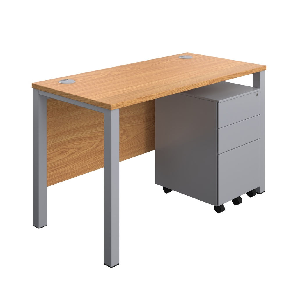 Goal Post Rectangular Desk + 3 Drawer Steel Pedestal (FSC) | 1200x600 | Nova oak/Silver | 