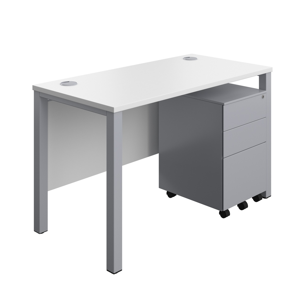 Goal Post Rectangular Desk + 3 Drawer Steel Pedestal (FSC) | 1200x600 | White/Silver | 