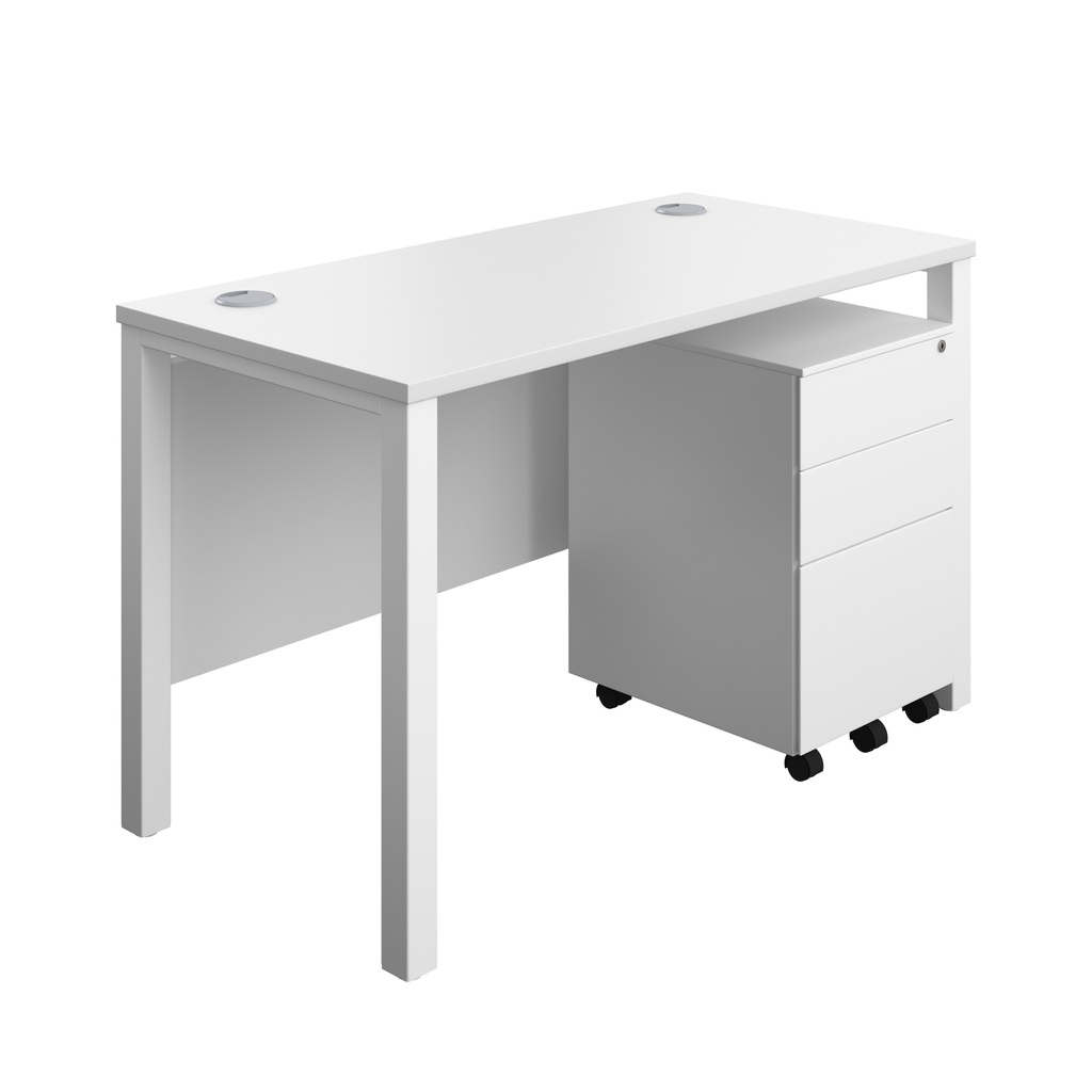 Goal Post Rectangular Desk + 3 Drawer Steel Pedestal (FSC) | 1200x600 | White/White | 