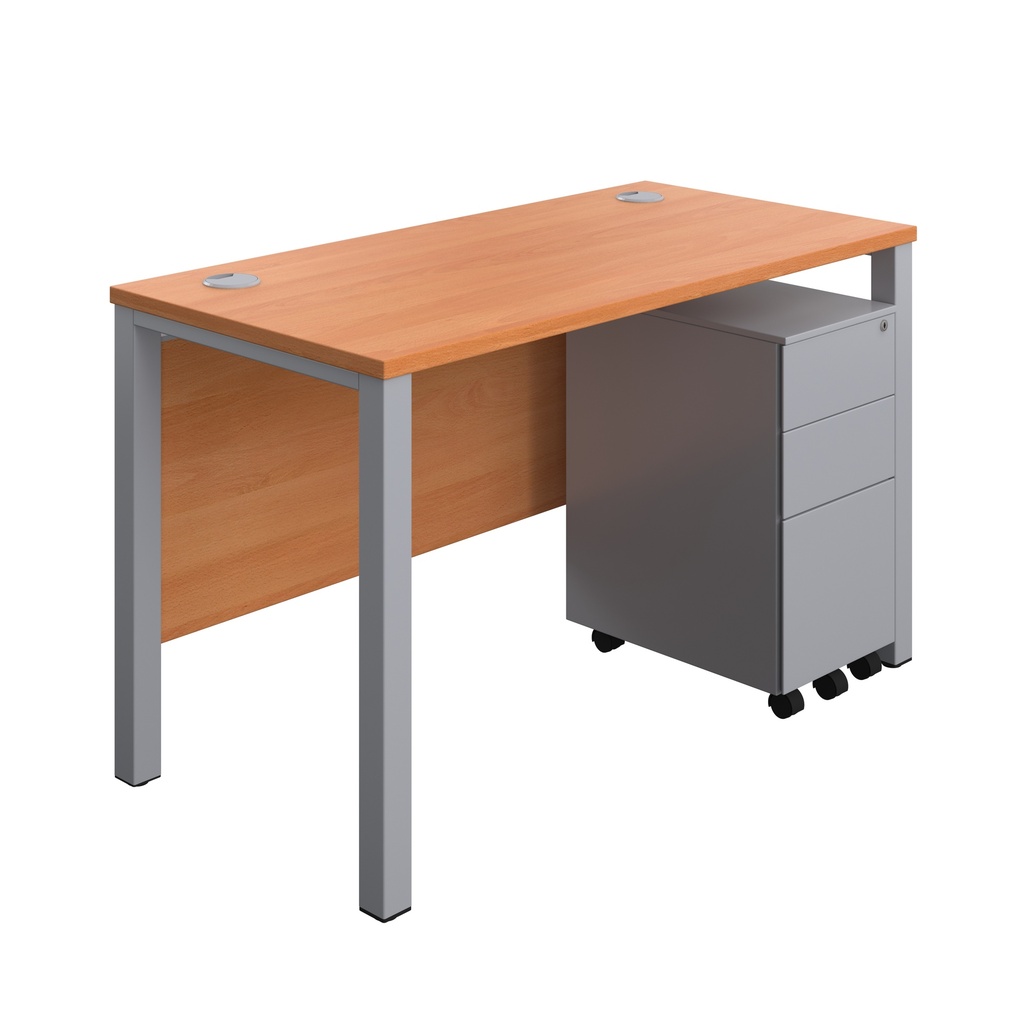 Goal Post Rectangular Desk + 3 Drawer Slimline Steel Pedestal (FSC) | 1200x600 | Beech/Silver | 