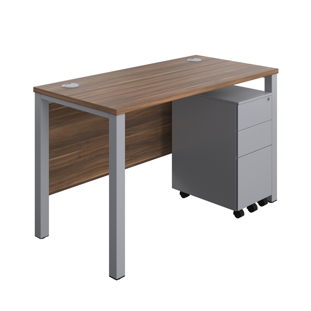 Goal Post Rectangular Desk + 3 Drawer Slimline Steel Pedestal (FSC) | 1200x600 | Dark Walnut/Silver | 