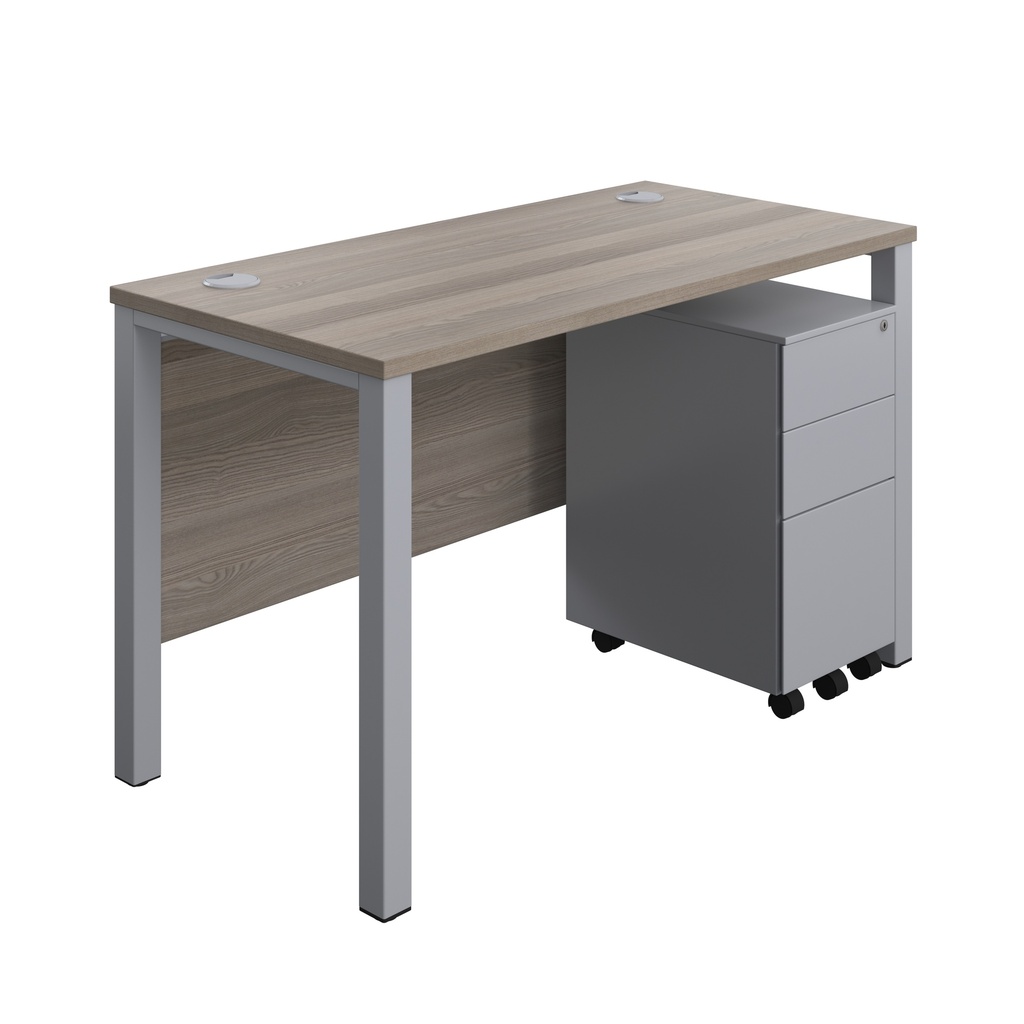 Goal Post Rectangular Desk + 3 Drawer Slimline Steel Pedestal (FSC) | 1200x600 | Grey oak/Silver | 