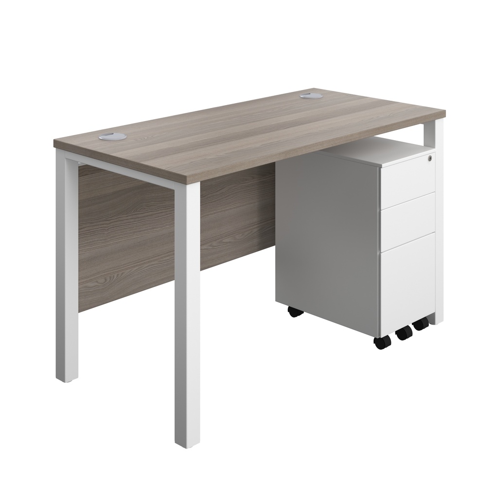 Goal Post Rectangular Desk + 3 Drawer Slimline Steel Pedestal (FSC) | 1200x600 | Grey oak/White | 