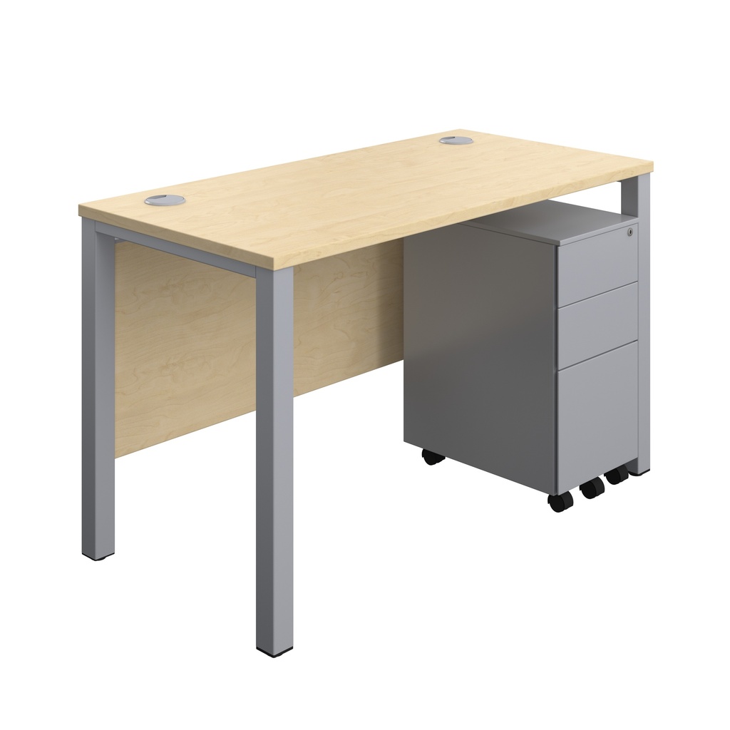 Goal Post Rectangular Desk + 3 Drawer Slimline Steel Pedestal (FSC) | 1200x600 | Maple/Silver | 