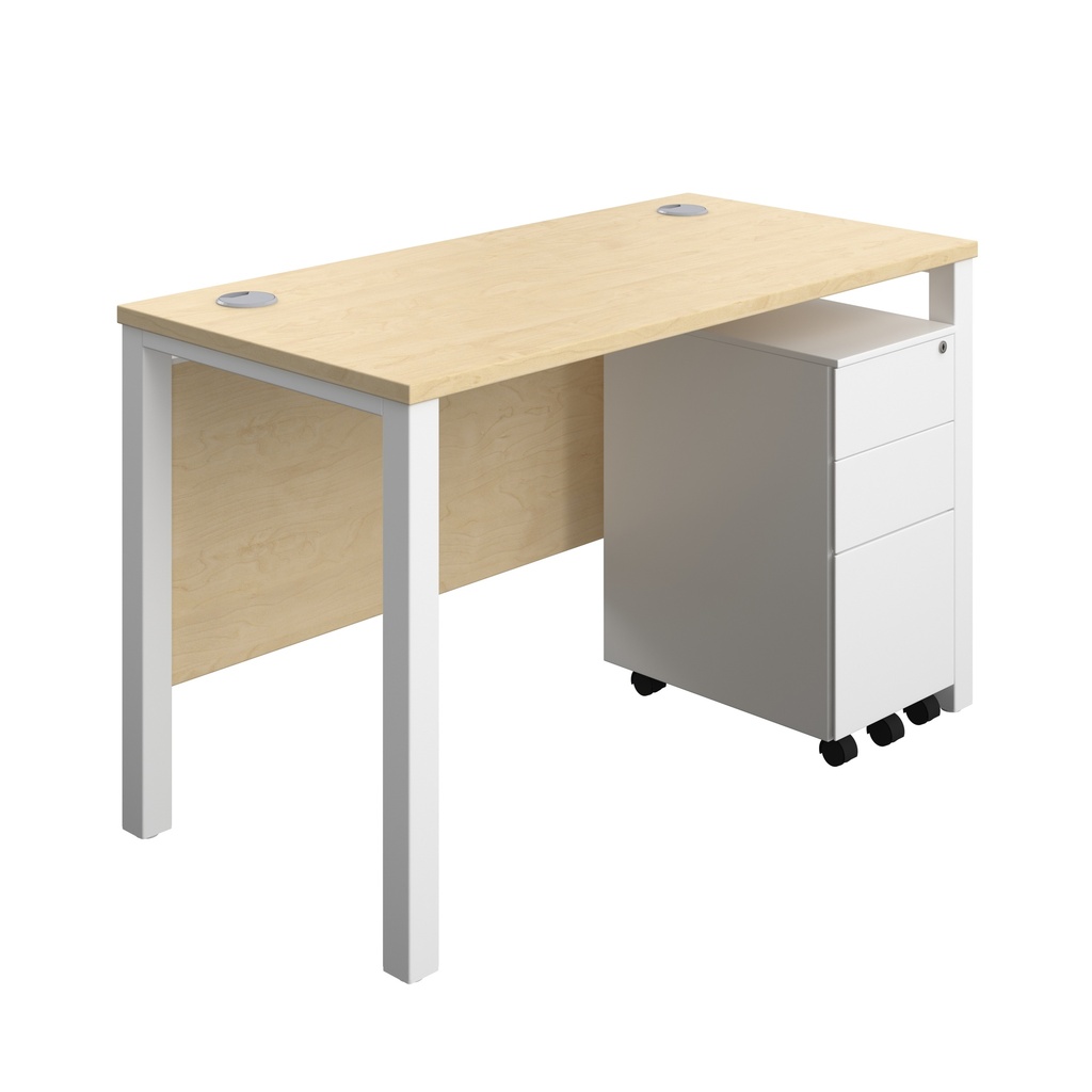 Goal Post Rectangular Desk + 3 Drawer Slimline Steel Pedestal (FSC) | 1200x600 | Maple/White | 