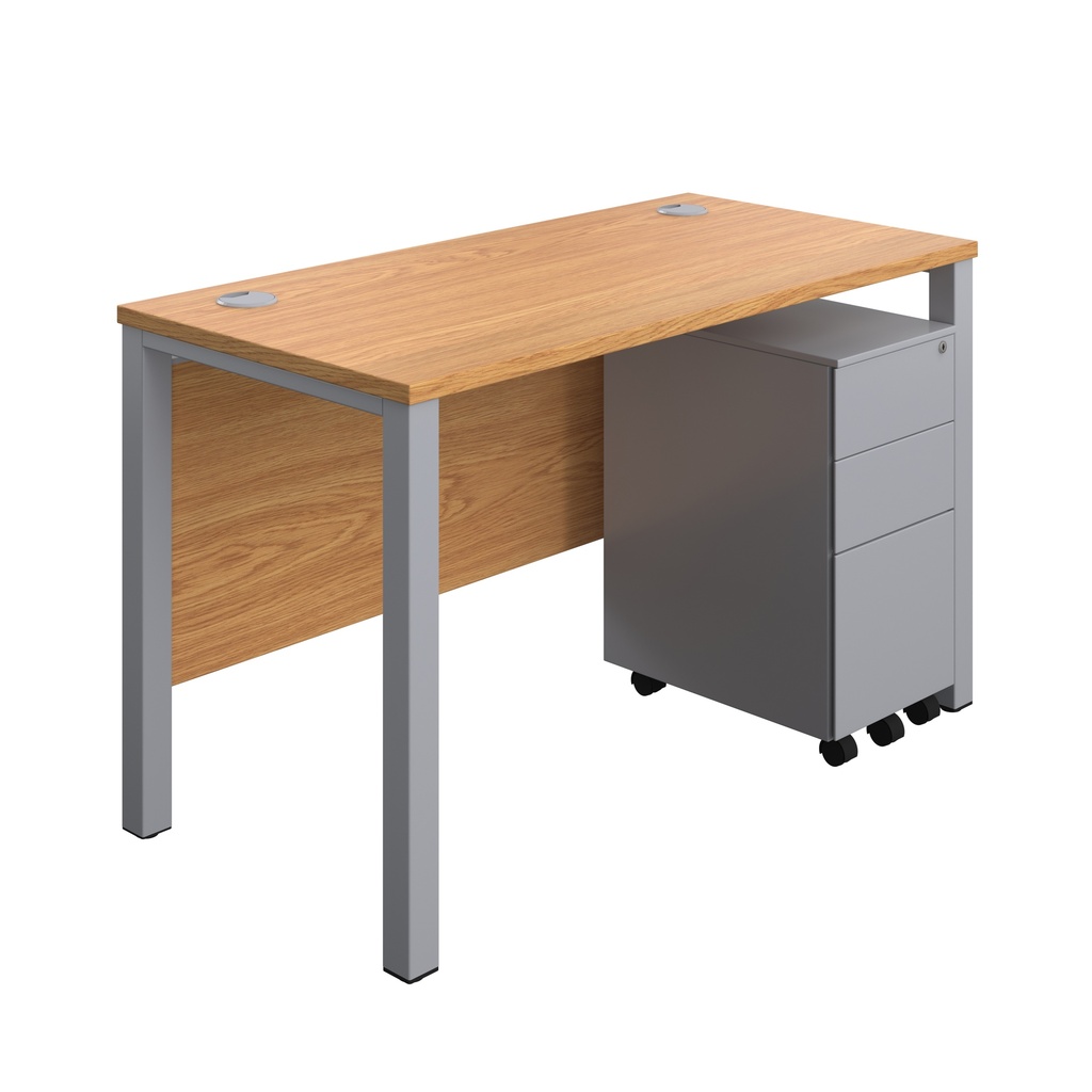 Goal Post Rectangular Desk + 3 Drawer Slimline Steel Pedestal (FSC) | 1200x600 | Nova oak/Silver | 