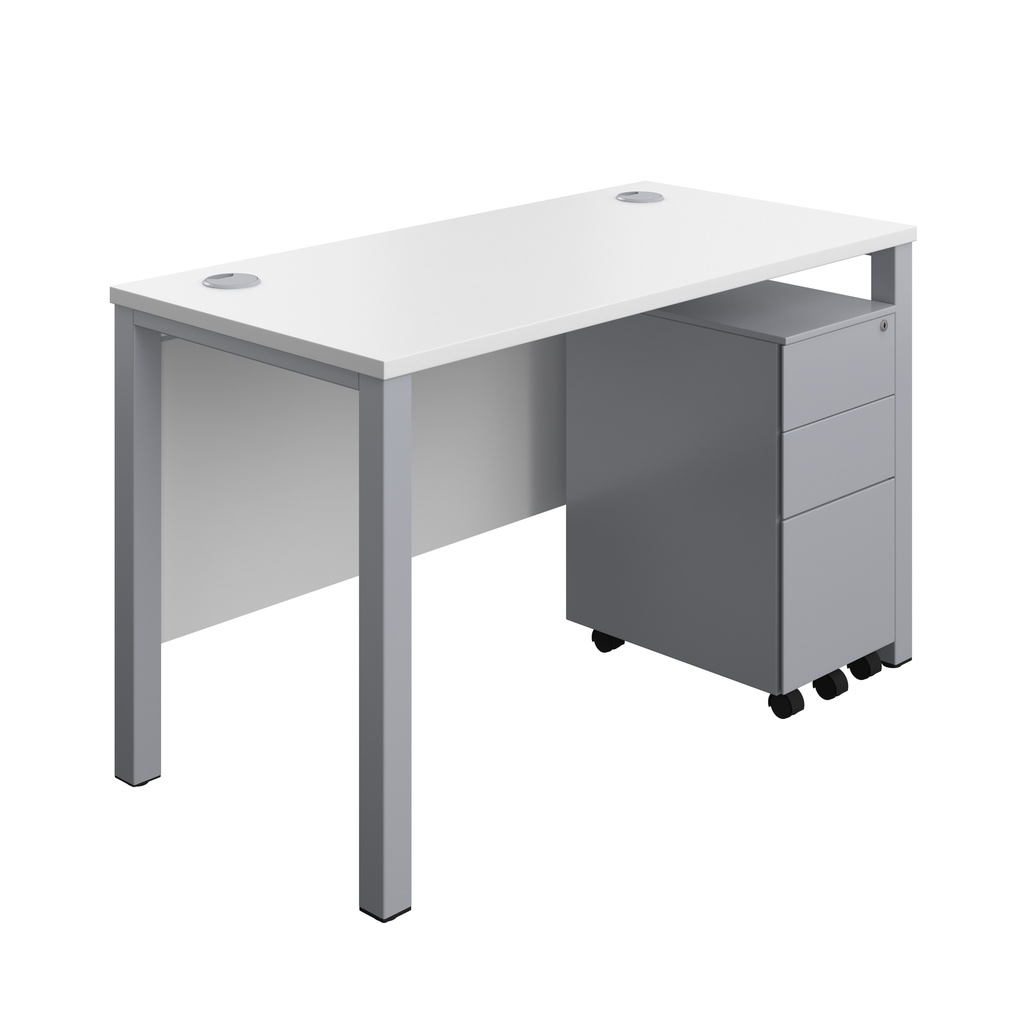 Goal Post Rectangular Desk + 3 Drawer Slimline Steel Pedestal (FSC) | 1200x600 | White/Silver | 