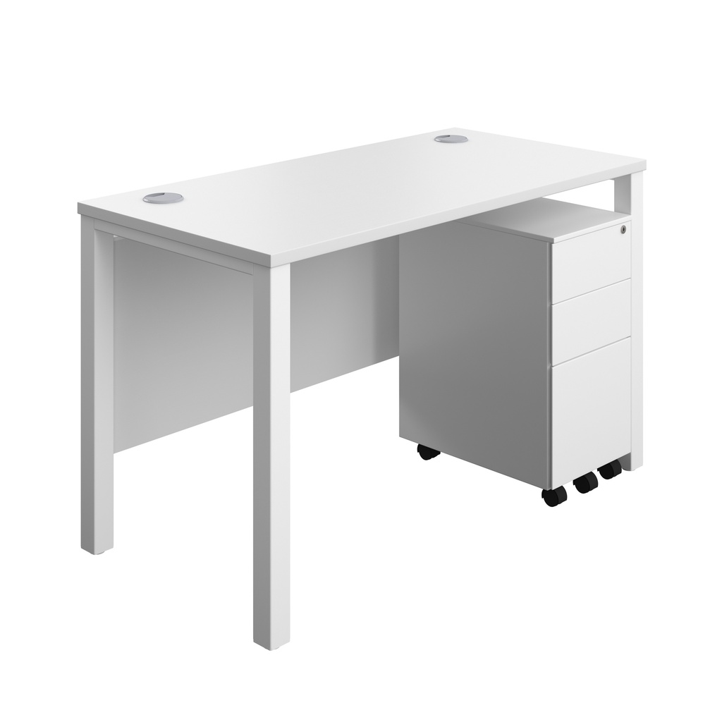 Goal Post Rectangular Desk + 3 Drawer Slimline Steel Pedestal (FSC) | 1200x600 | White/White | 