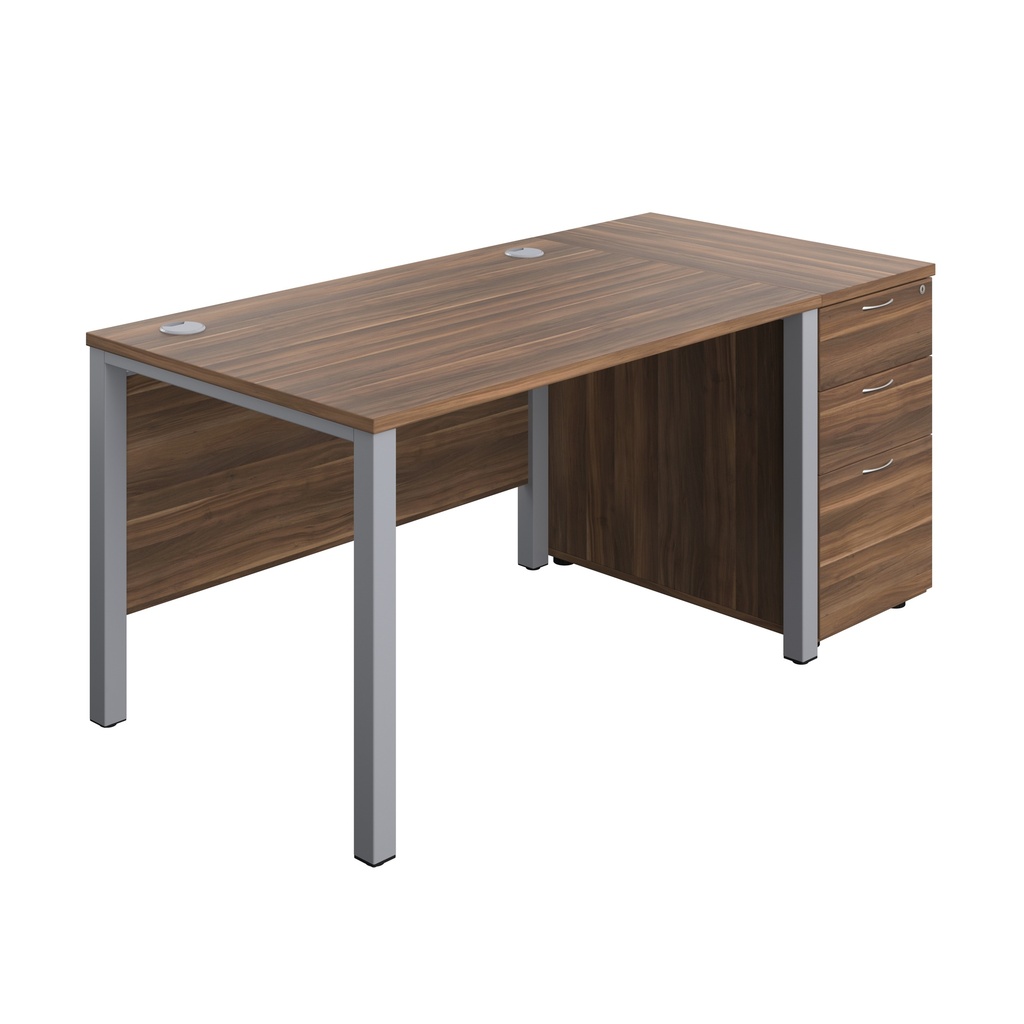 Goal Post Rectangular Desk + 3 Drawer Desk High Pedestal (FSC) | 1200x800 | Dark Walnut/Silver | 