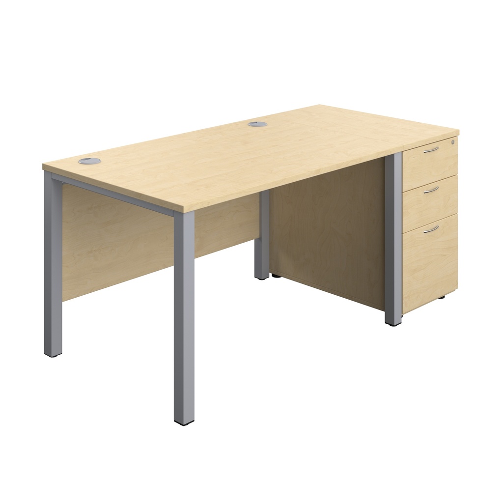 Goal Post Rectangular Desk + 3 Drawer Desk High Pedestal (FSC) | 1200x800 | Maple/Silver | 