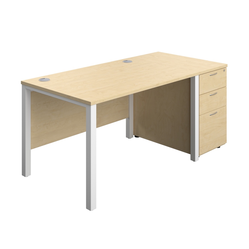 Goal Post Rectangular Desk + 3 Drawer Desk High Pedestal (FSC) | 1200x800 | Maple/White | 