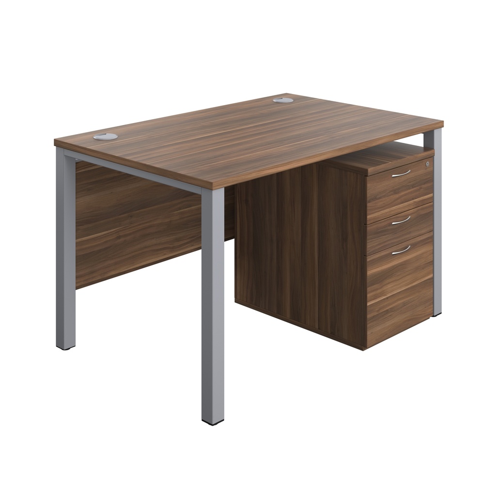 Goal Post Rectangular Desk + 3 Drawer High Mobile Pedestal (FSC) | 1200x800 | Dark Walnut/Silver | 