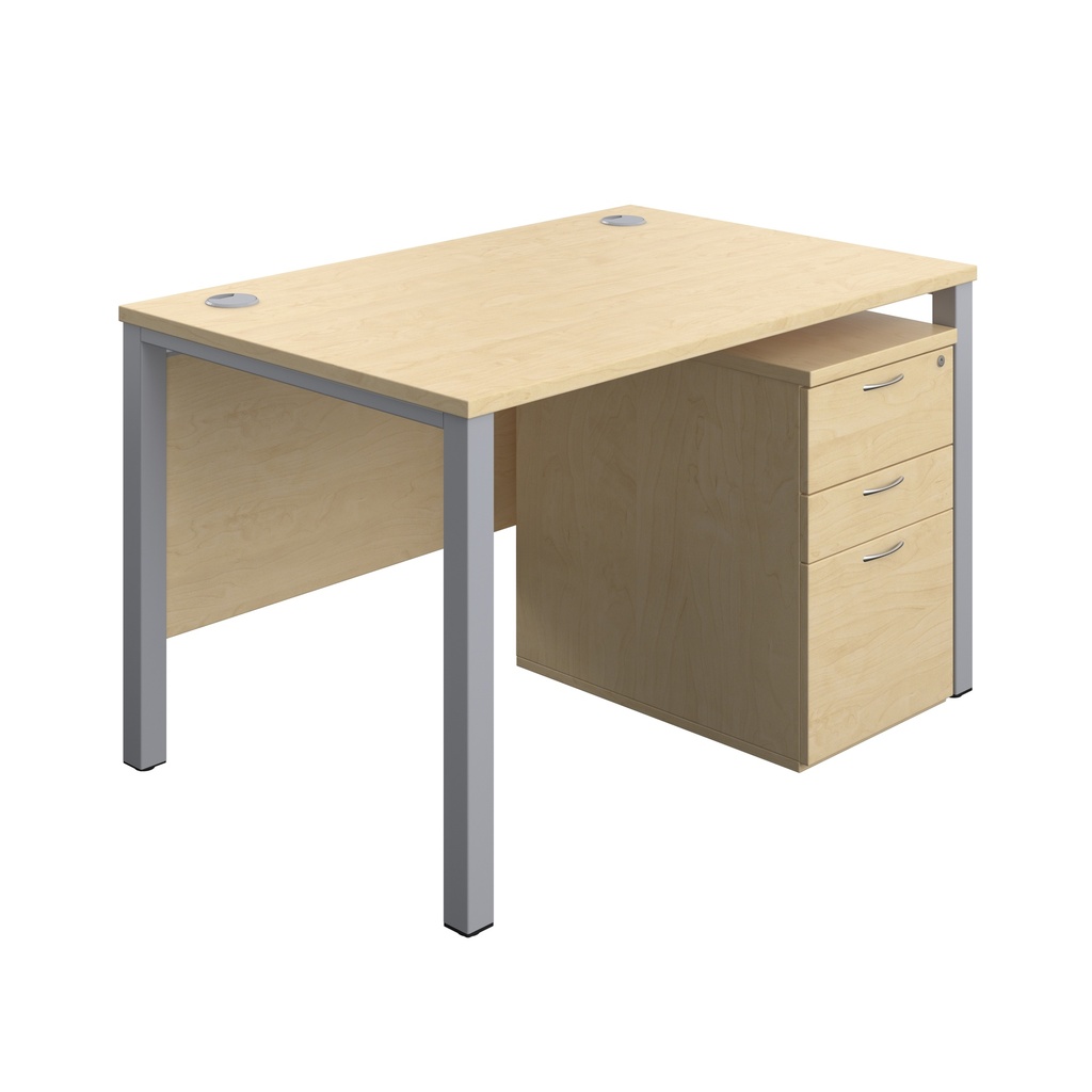 Goal Post Rectangular Desk + 3 Drawer High Mobile Pedestal (FSC) | 1200x800 | Maple/Silver | 