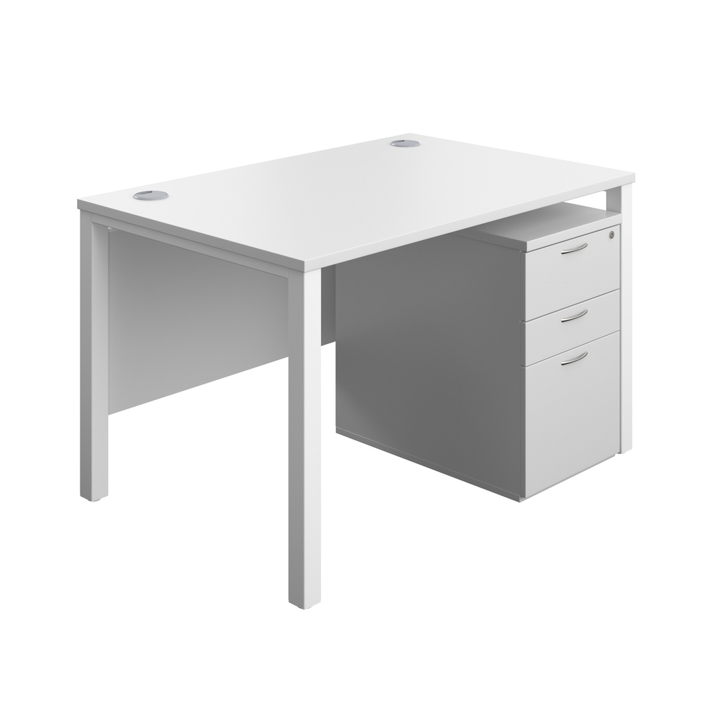 Goal Post Rectangular Desk + 3 Drawer High Mobile Pedestal (FSC) | 1200x800 | White/White | 