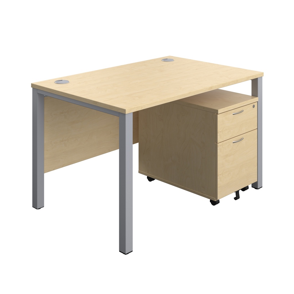 Goal Post Rectangular Desk + 2 Drawer Mobile Pedestal (FSC) | 1200x800 | Maple/Silver | 