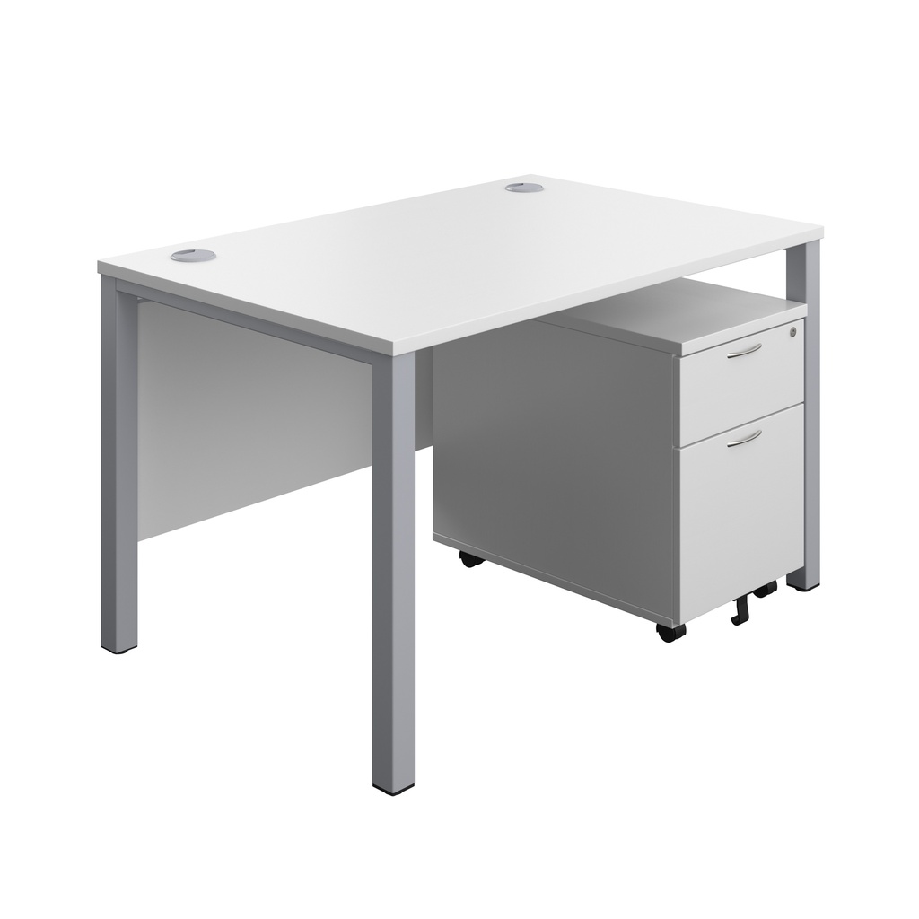 Goal Post Rectangular Desk + 2 Drawer Mobile Pedestal (FSC) | 1200x800 | White/Silver | 