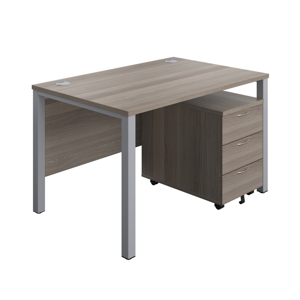 Goal Post Rectangular Desk + 3 Drawer Mobile Pedestal (FSC) | 1200x800 | Grey oak/Silver | 