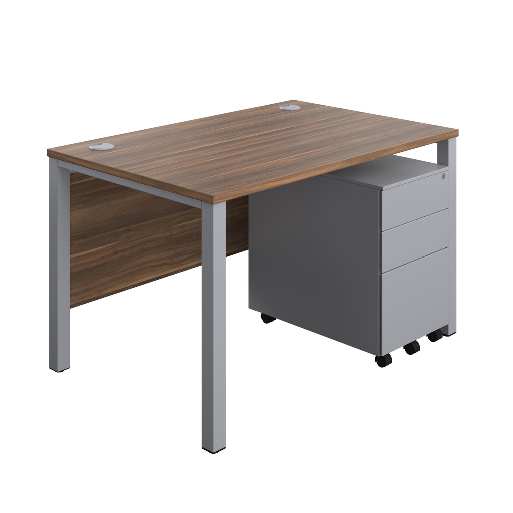 Goal Post Rectangular Desk + 3 Drawer Steel Pedestal (FSC) | 1200x800 | Dark Walnut/Silver | 