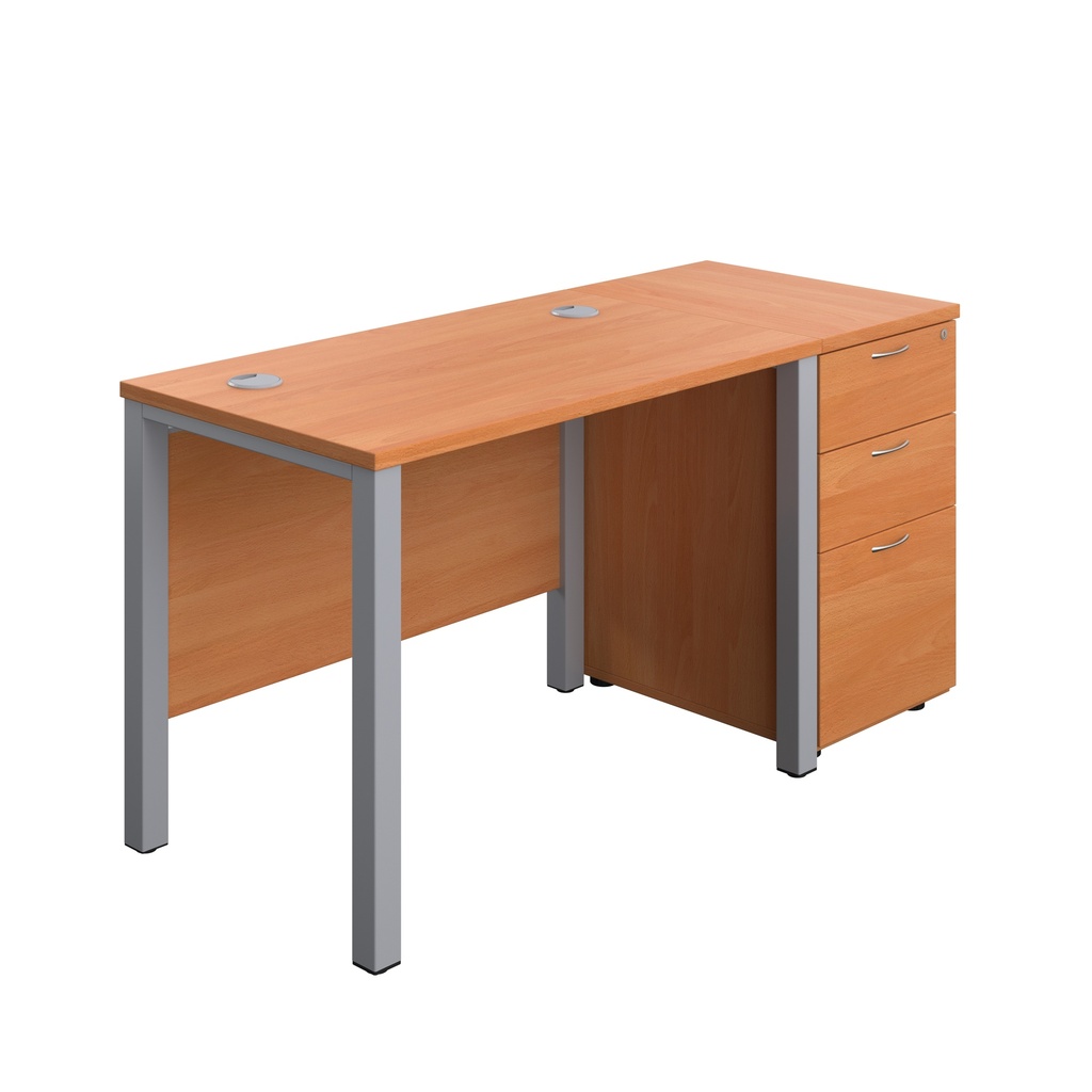 Goal Post Rectangular Desk + 3 Drawer Desk High Pedestal (FSC) | 1000x600 | Beech/Silver | 