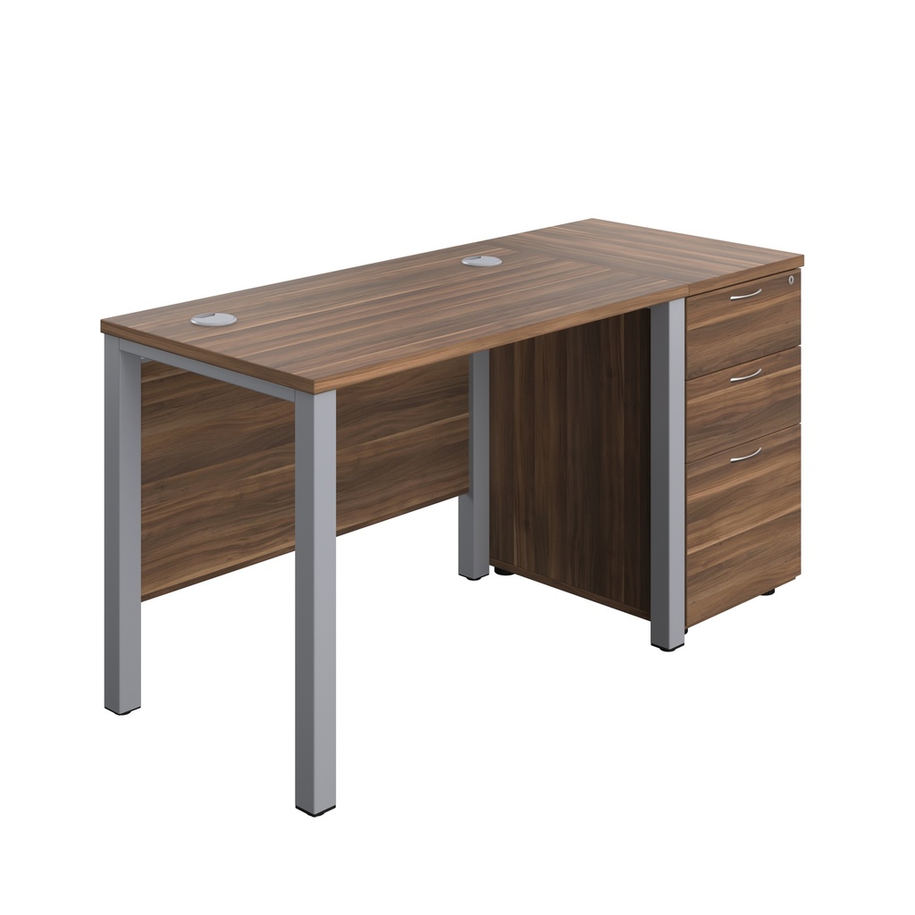 Goal Post Rectangular Desk + 3 Drawer Desk High Pedestal (FSC) | 1000x600 | Dark Walnut/Silver | 