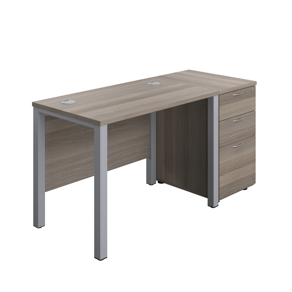 Goal Post Rectangular Desk + 3 Drawer Desk High Pedestal (FSC) | 1000x600 | Grey oak/Silver | 