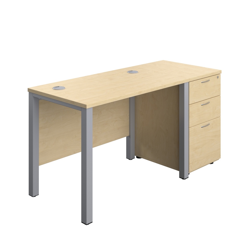 Goal Post Rectangular Desk + 3 Drawer Desk High Pedestal (FSC) | 1000x600 | Maple/Silver | 