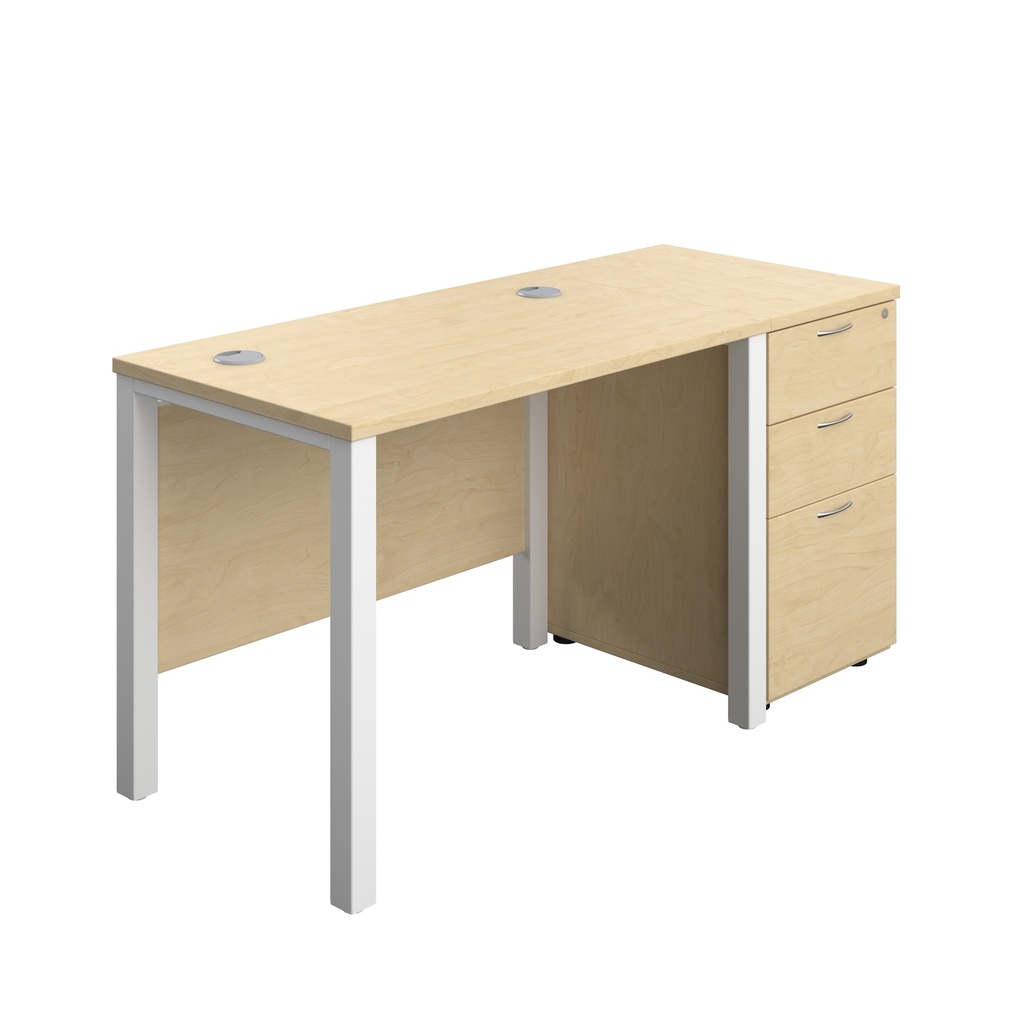 Goal Post Rectangular Desk + 3 Drawer Desk High Pedestal (FSC) | 1000x600 | Maple/White | 