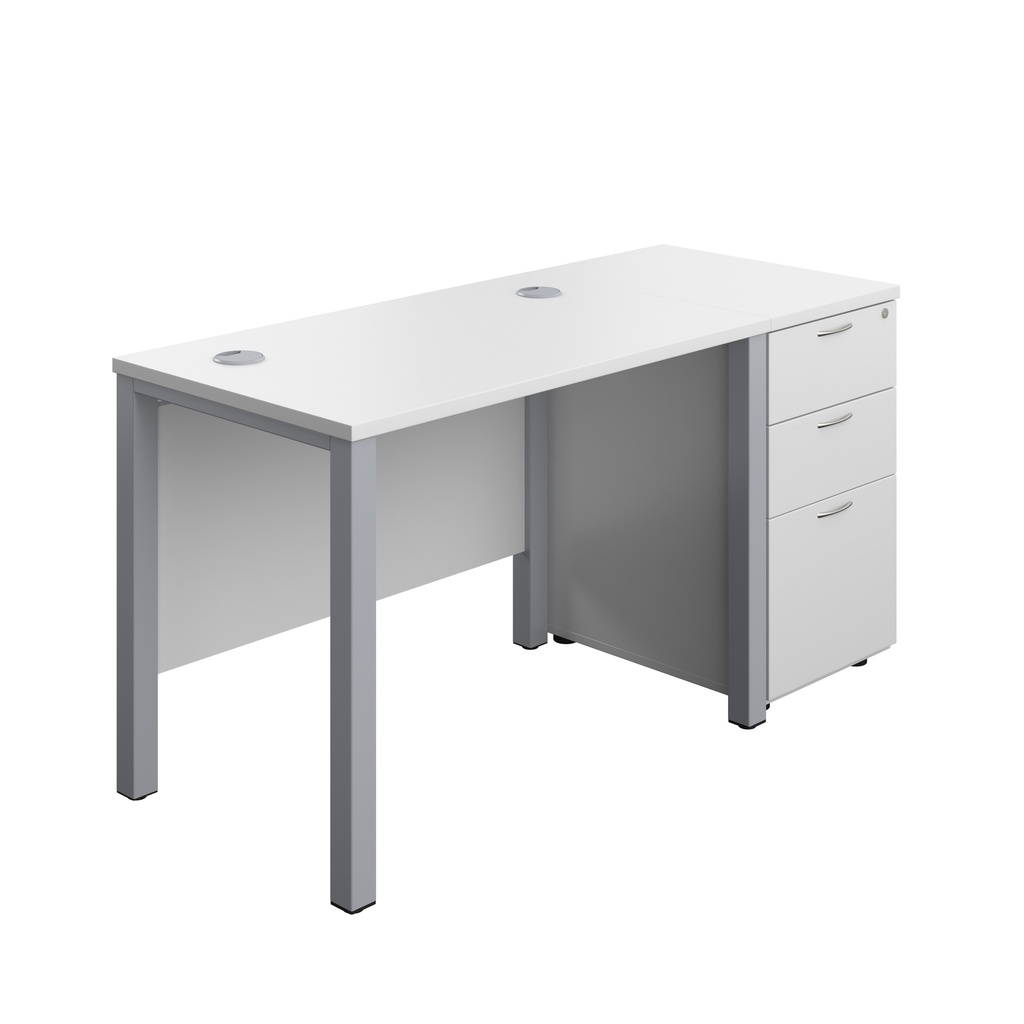 Goal Post Rectangular Desk + 3 Drawer Desk High Pedestal (FSC) | 1000x600 | White/Silver | 