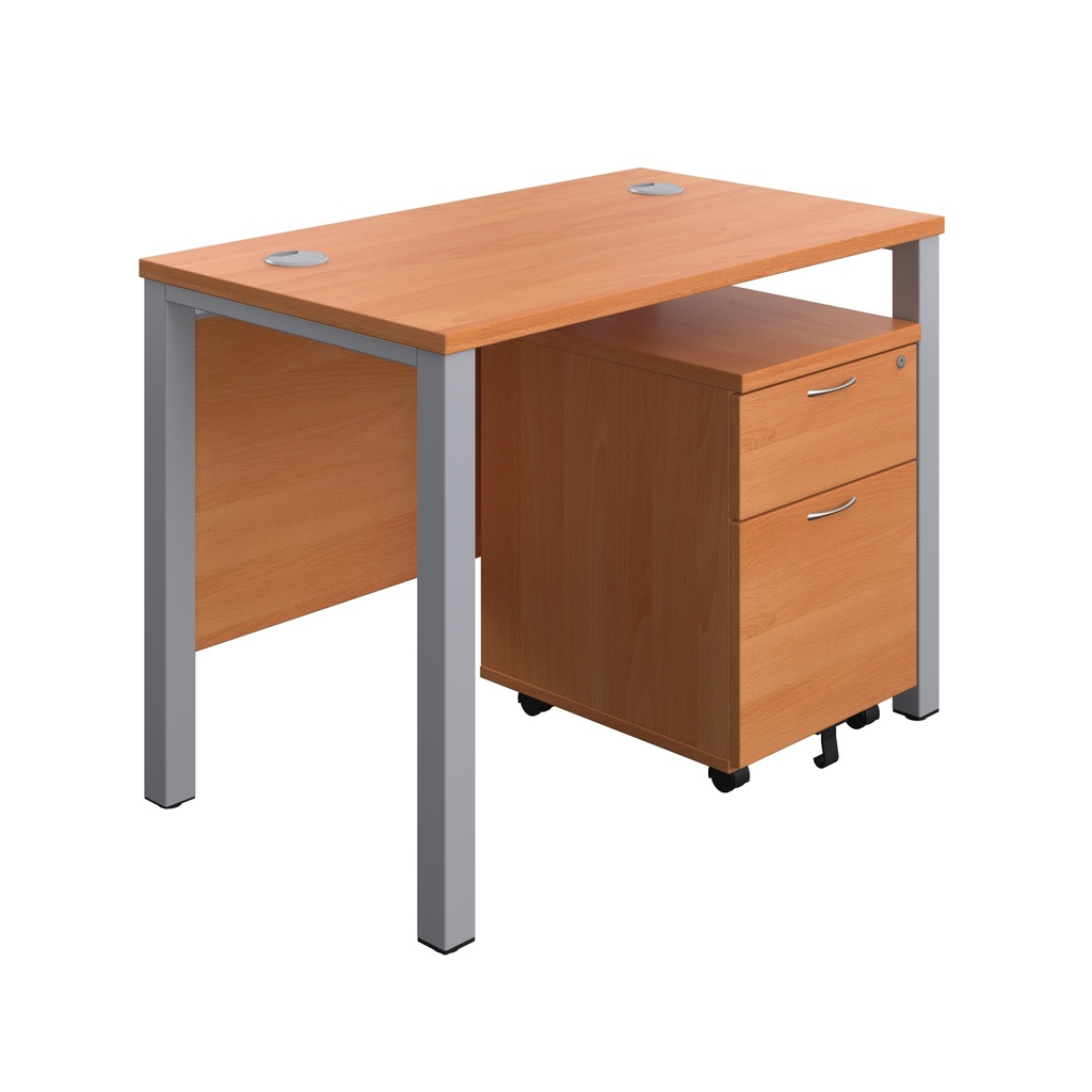 Goal Post Rectangular Desk + 2 Drawer Mobile Pedestal (FSC) | 1000x600 | Beech/Silver | 