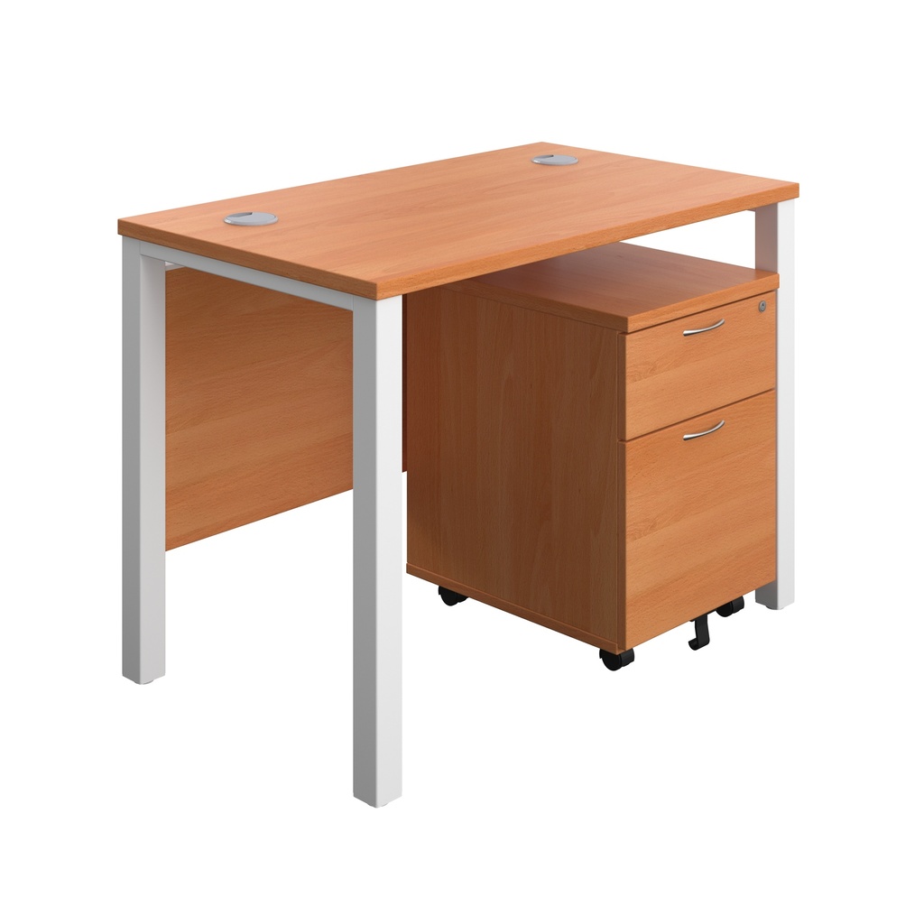 Goal Post Rectangular Desk + 2 Drawer Mobile Pedestal (FSC) | 1000x600 | Beech/White | 