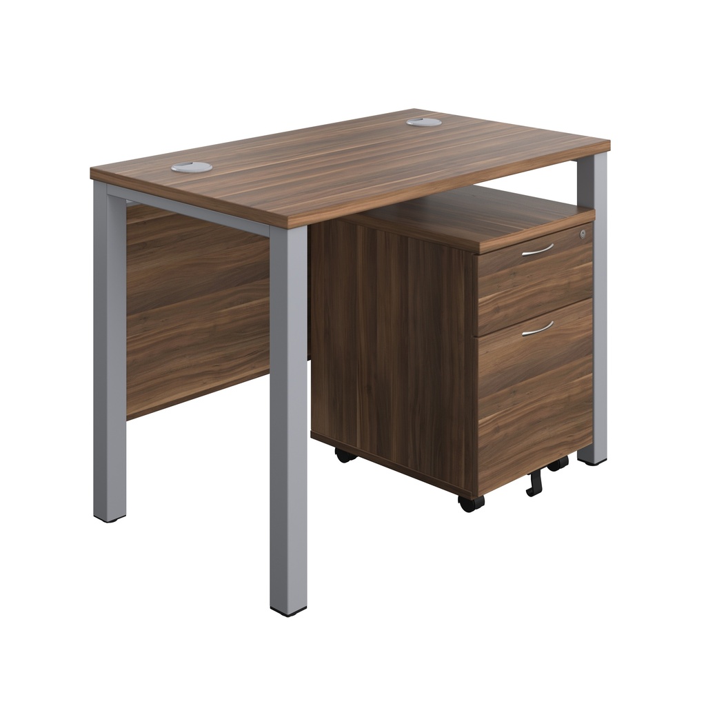 Goal Post Rectangular Desk + 2 Drawer Mobile Pedestal (FSC) | 1000x600 | Dark Walnut/Silver | 