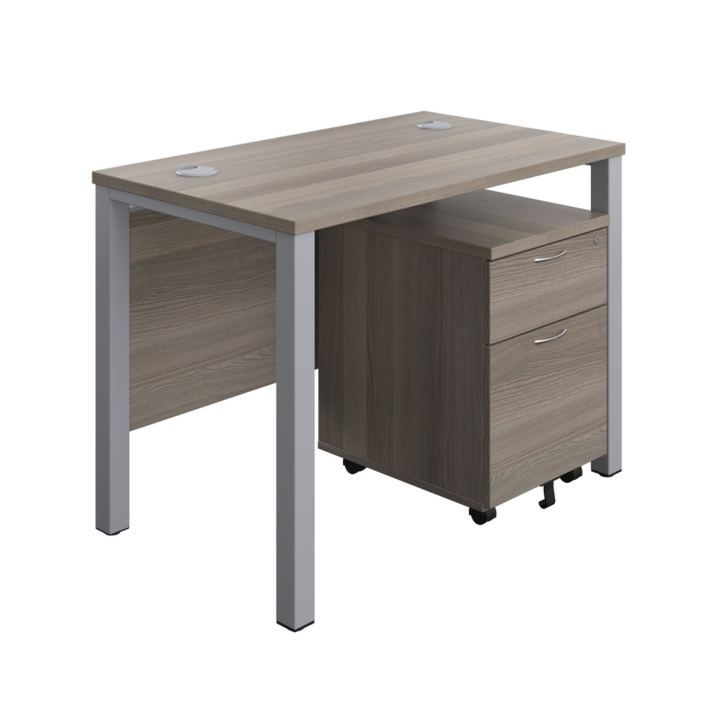 Goal Post Rectangular Desk + 2 Drawer Mobile Pedestal (FSC) | 1000x600 | Grey oak/Silver | 