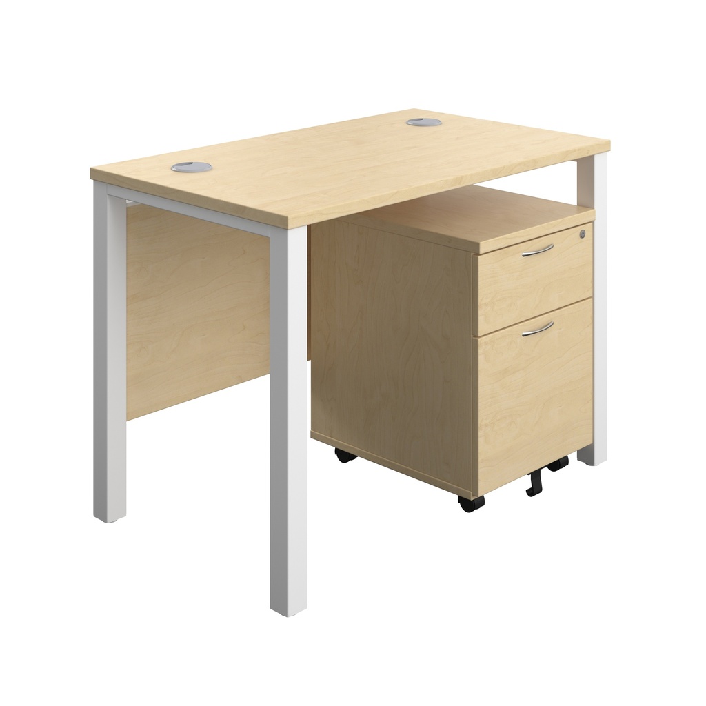 Goal Post Rectangular Desk + 2 Drawer Mobile Pedestal (FSC) | 1000x600 | Maple/White | 