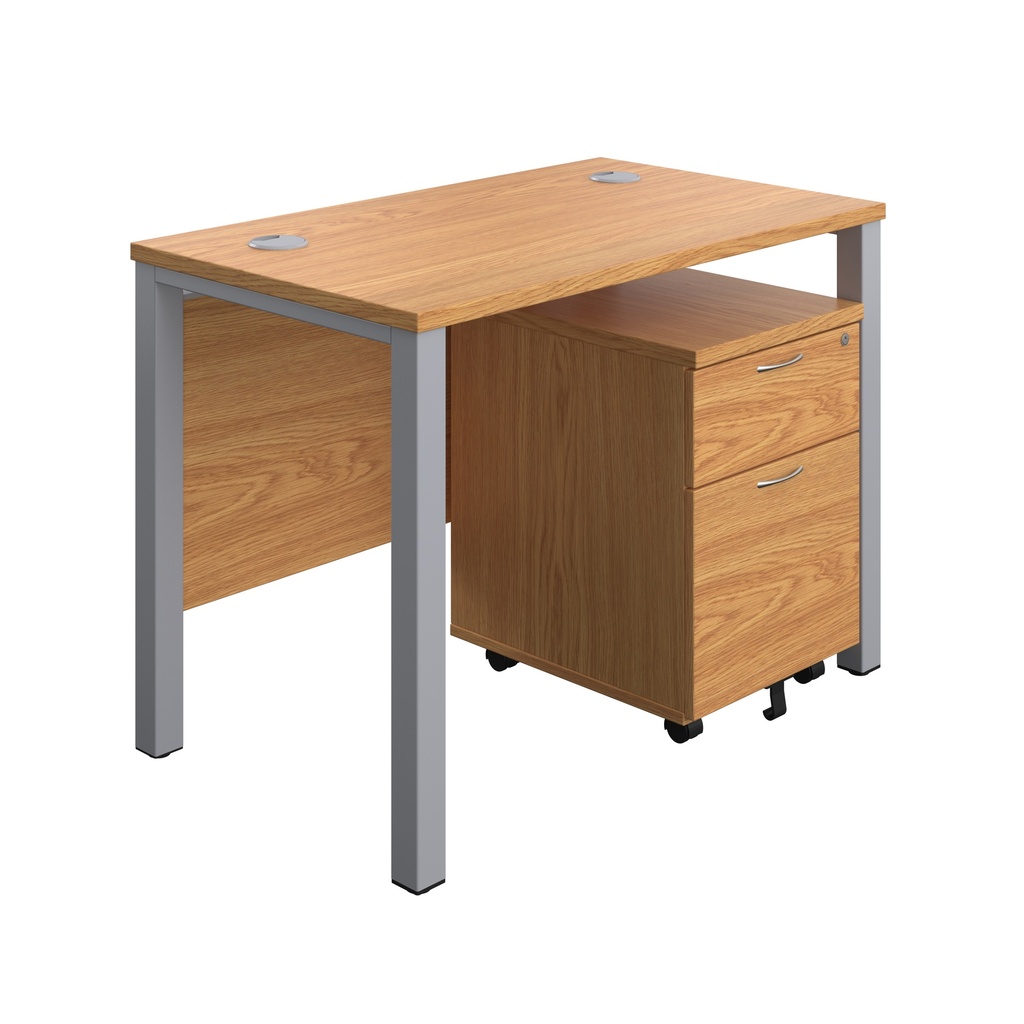 Goal Post Rectangular Desk + 2 Drawer Mobile Pedestal (FSC) | 1000x600 | Nova oak/Silver | 