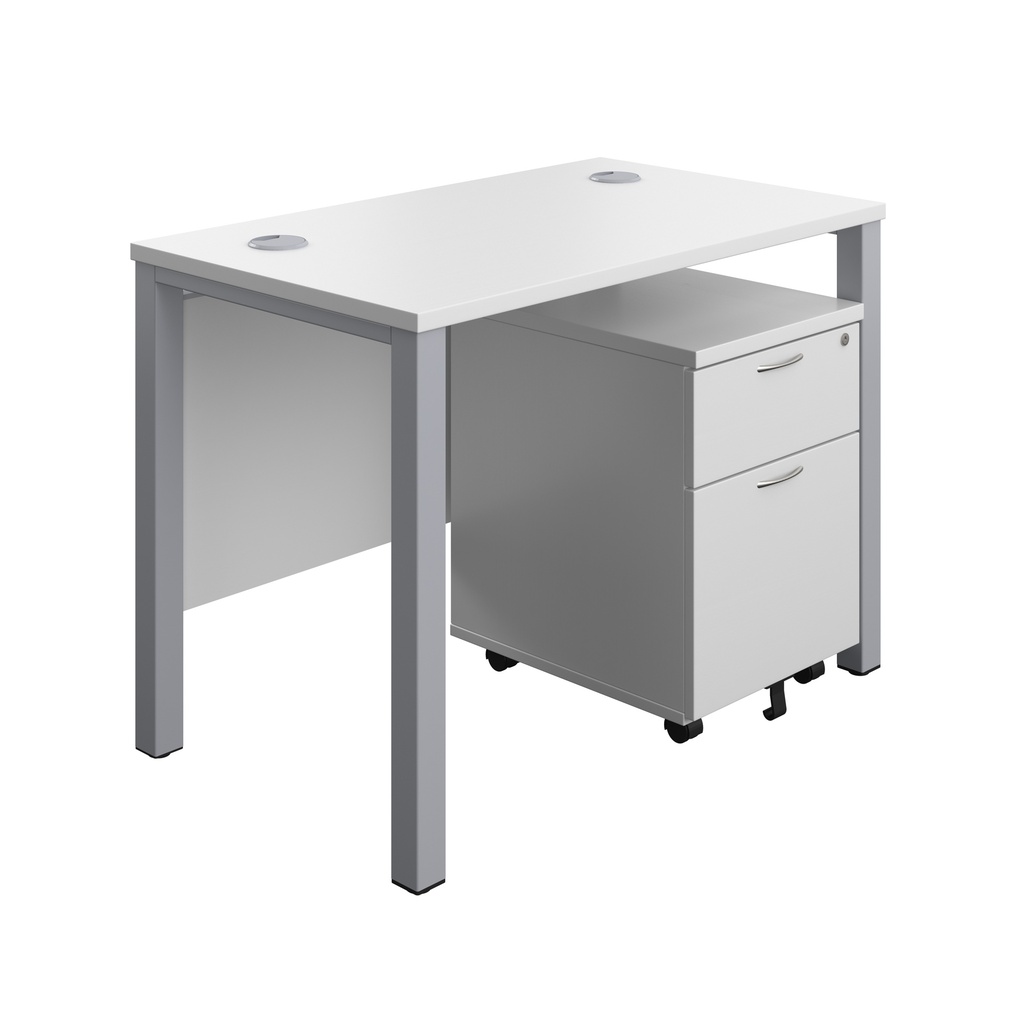 Goal Post Rectangular Desk + 2 Drawer Mobile Pedestal (FSC) | 1000x600 | White/Silver | 