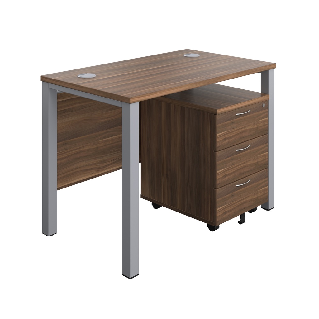 Goal Post Rectangular Desk + 3 Drawer Mobile Pedestal (FSC) | 1000x600 | Dark Walnut/Silver | 