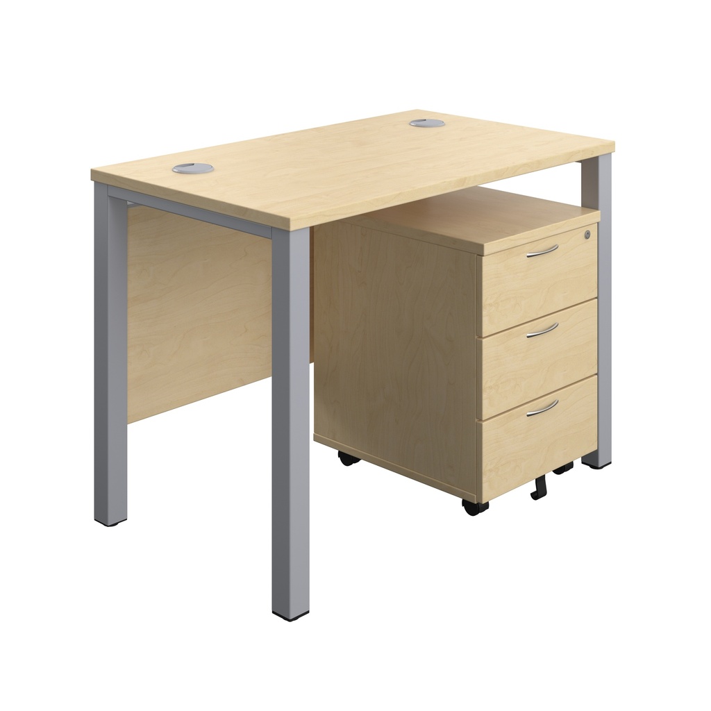 Goal Post Rectangular Desk + 3 Drawer Mobile Pedestal (FSC) | 1000x600 | Maple/Silver | 