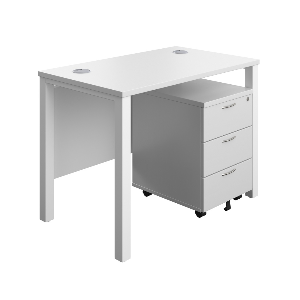 Goal Post Rectangular Desk + 3 Drawer Mobile Pedestal (FSC) | 1000x600 | White/White | 