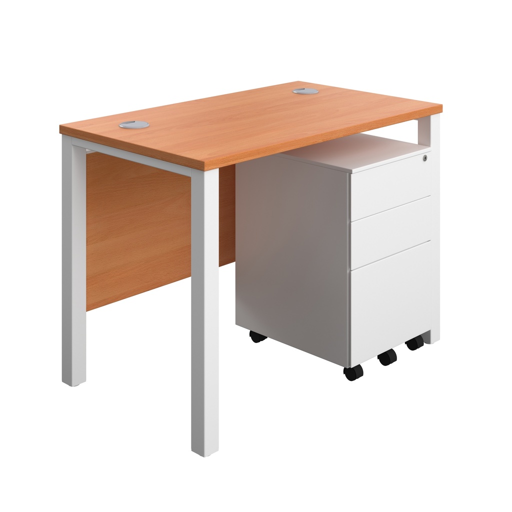 Goal Post Rectangular Desk + 3 Drawer Steel Pedestal (FSC) | 1000x600 | Beech/White | 