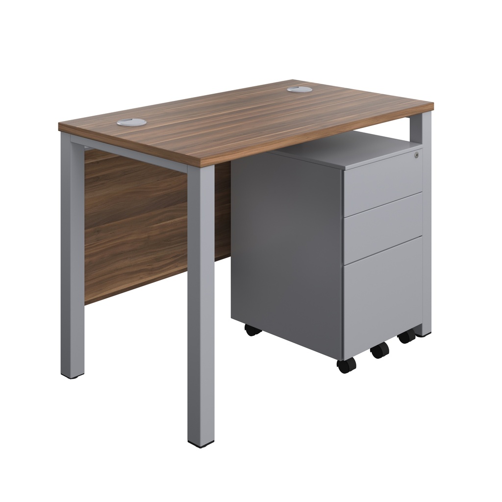 Goal Post Rectangular Desk + 3 Drawer Steel Pedestal (FSC) | 1000x600 | Dark Walnut/Silver | 