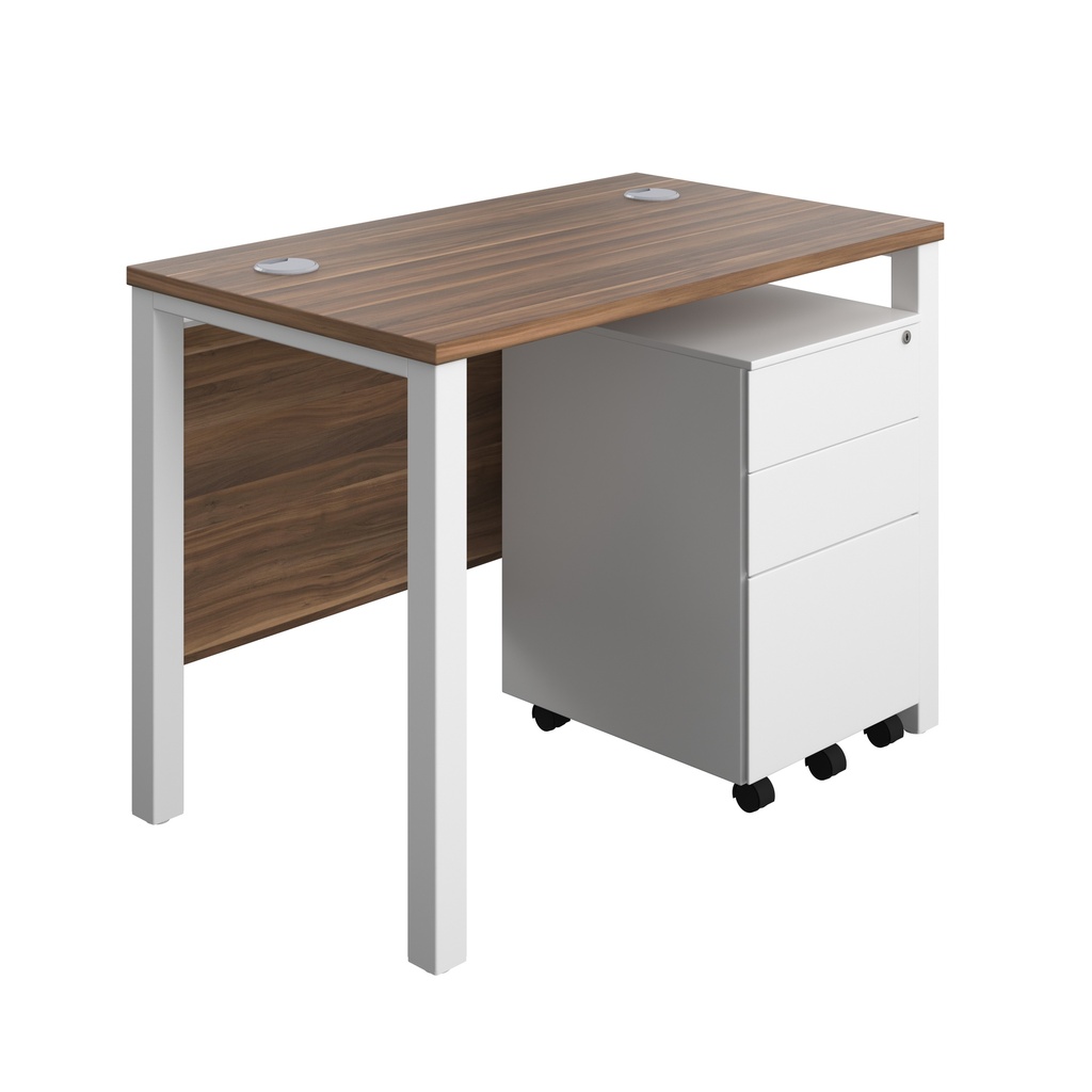 Goal Post Rectangular Desk + 3 Drawer Steel Pedestal (FSC) | 1000x600 | Dark walnut/White | 