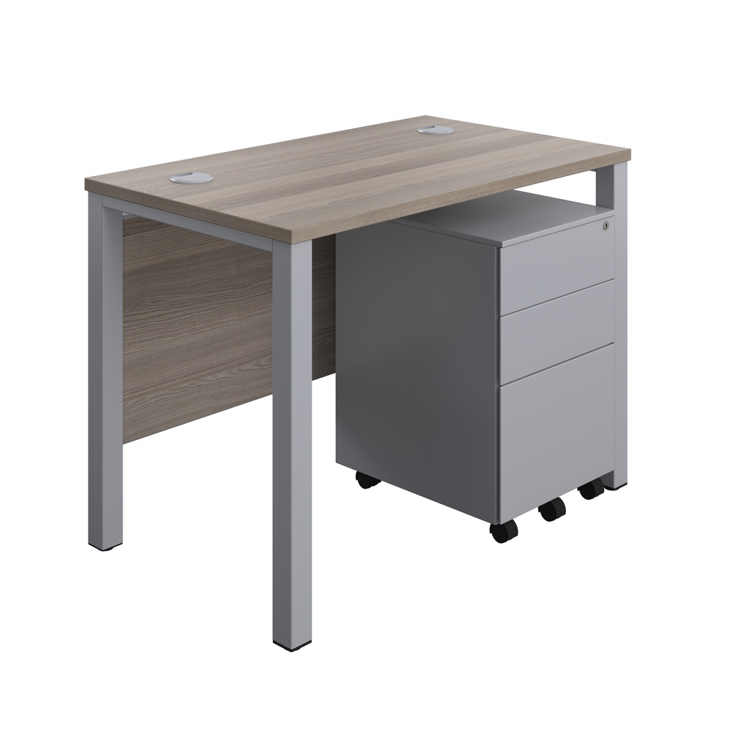 Goal Post Rectangular Desk + 3 Drawer Steel Pedestal (FSC) | 1000x600 | Grey oak/Silver | 