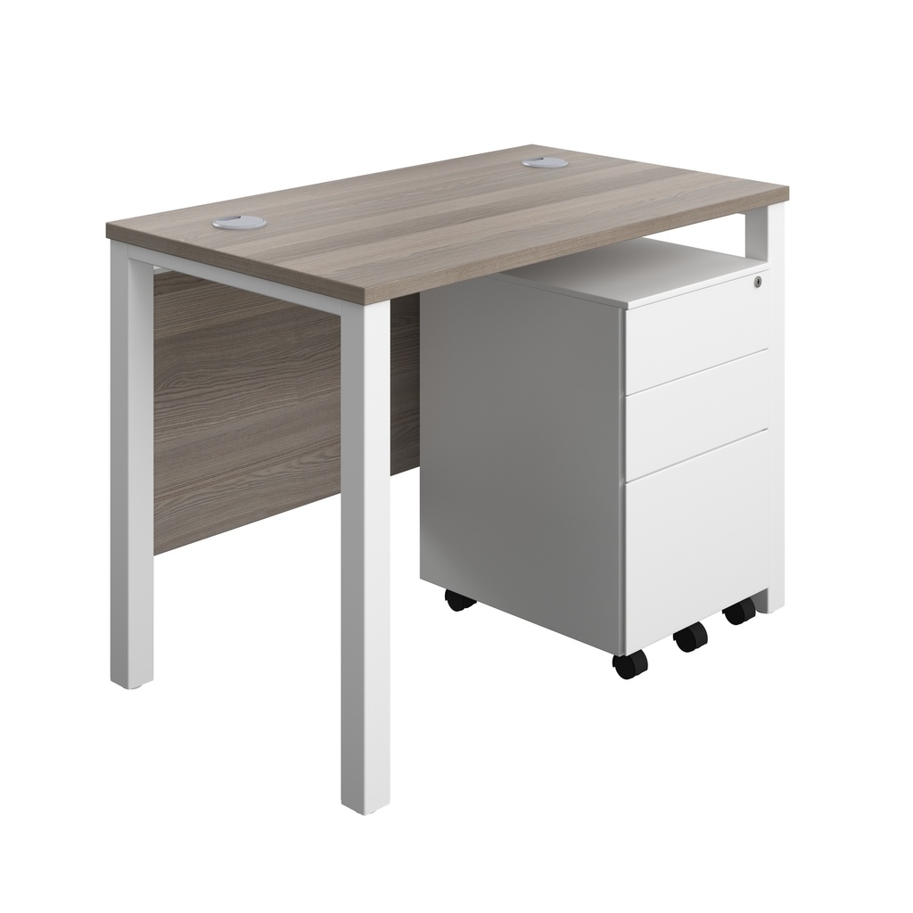 Goal Post Rectangular Desk + 3 Drawer Steel Pedestal (FSC) | 1000x600 | Grey oak/White | 