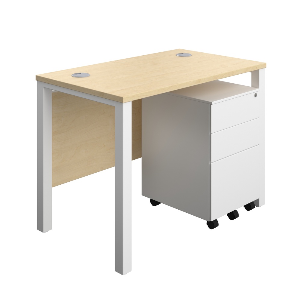 Goal Post Rectangular Desk + 3 Drawer Steel Pedestal (FSC) | 1000x600 | Maple/White | 