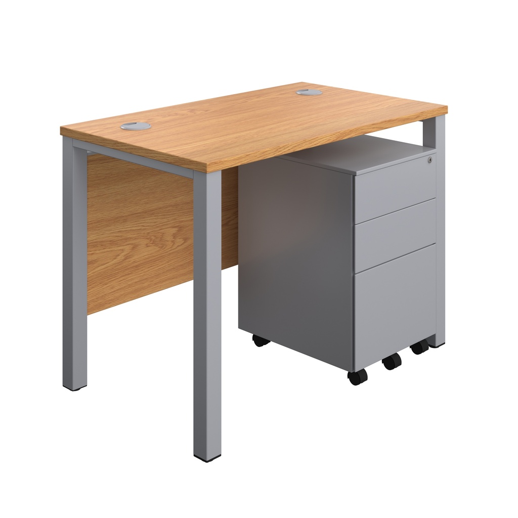 Goal Post Rectangular Desk + 3 Drawer Steel Pedestal (FSC) | 1000x600 | Nova oak/Silver | 