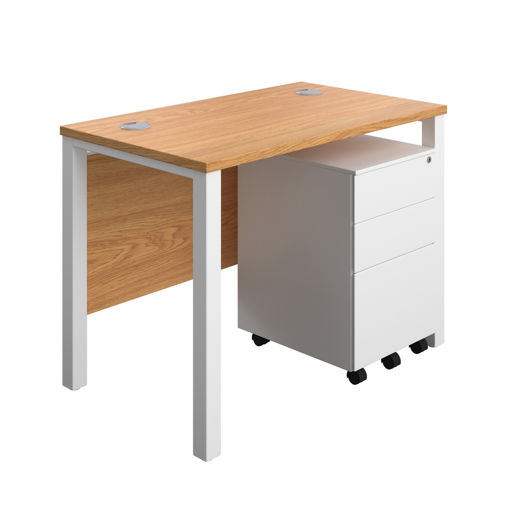 Goal Post Rectangular Desk + 3 Drawer Steel Pedestal (FSC) | 1000x600 | Nova oak/White | 