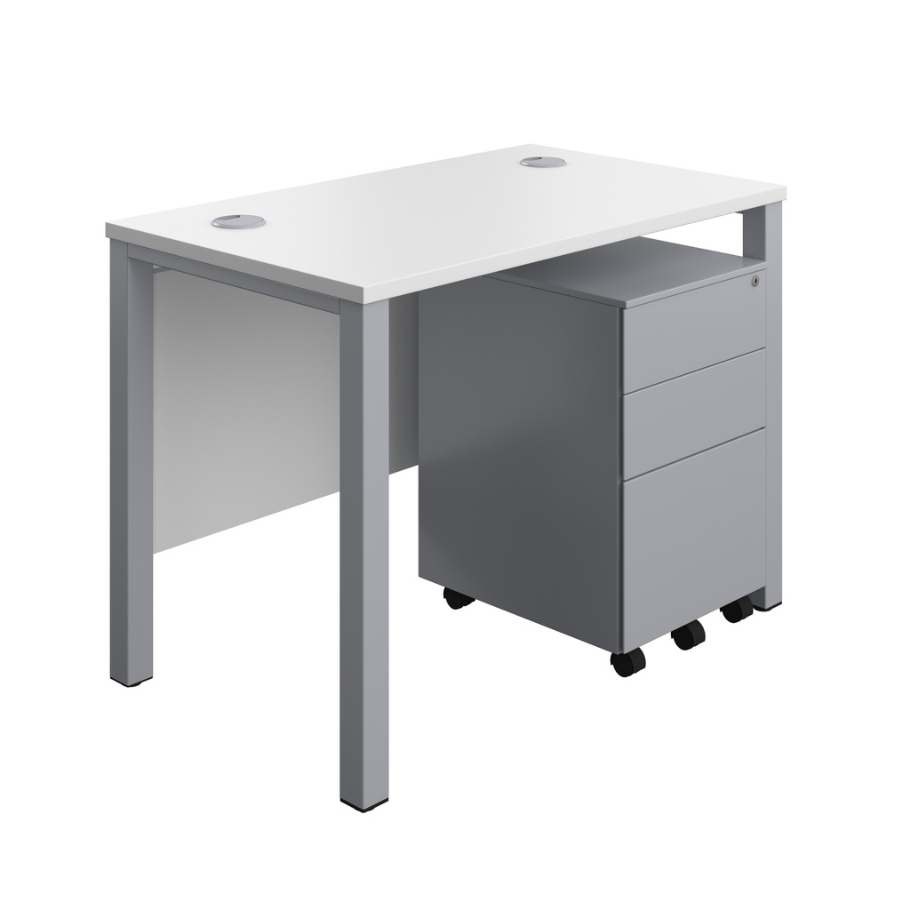 Goal Post Rectangular Desk + 3 Drawer Steel Pedestal (FSC) | 1000x600 | White/Silver | 