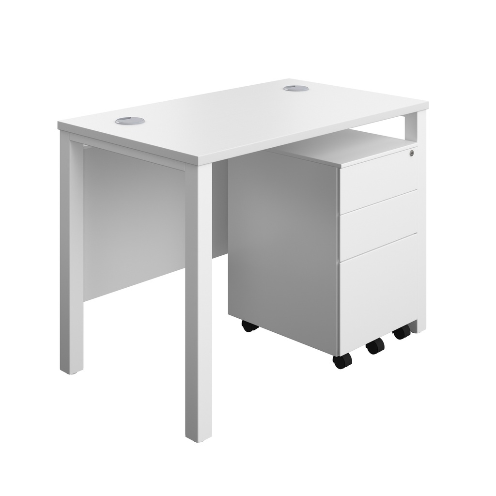 Goal Post Rectangular Desk + 3 Drawer Steel Pedestal (FSC) | 1000x600 | White/White | 